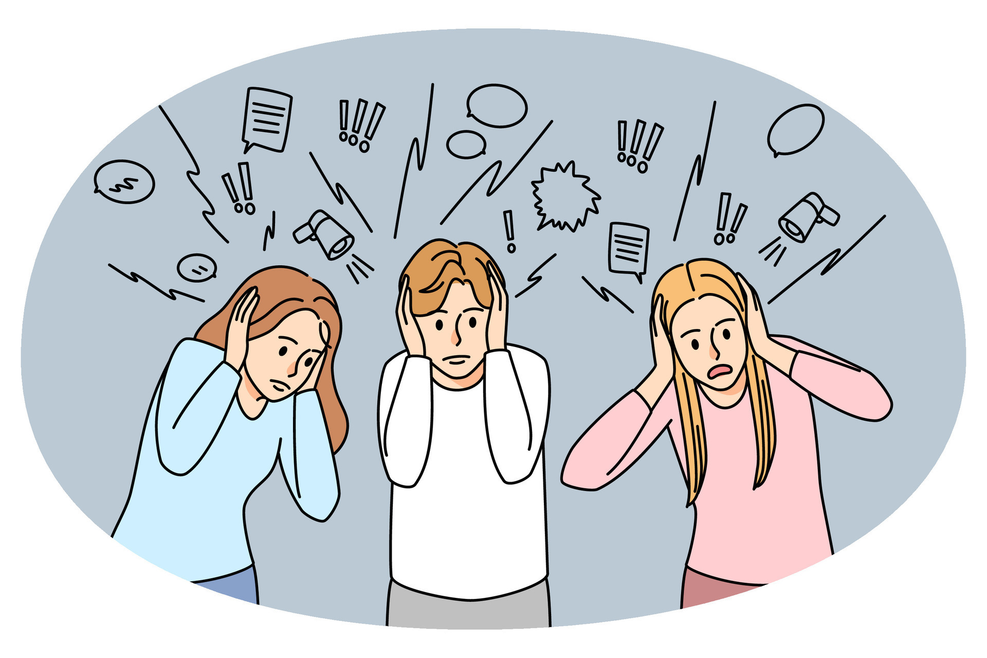 Anxious people close ears avoid information noise. Unhappy stressed