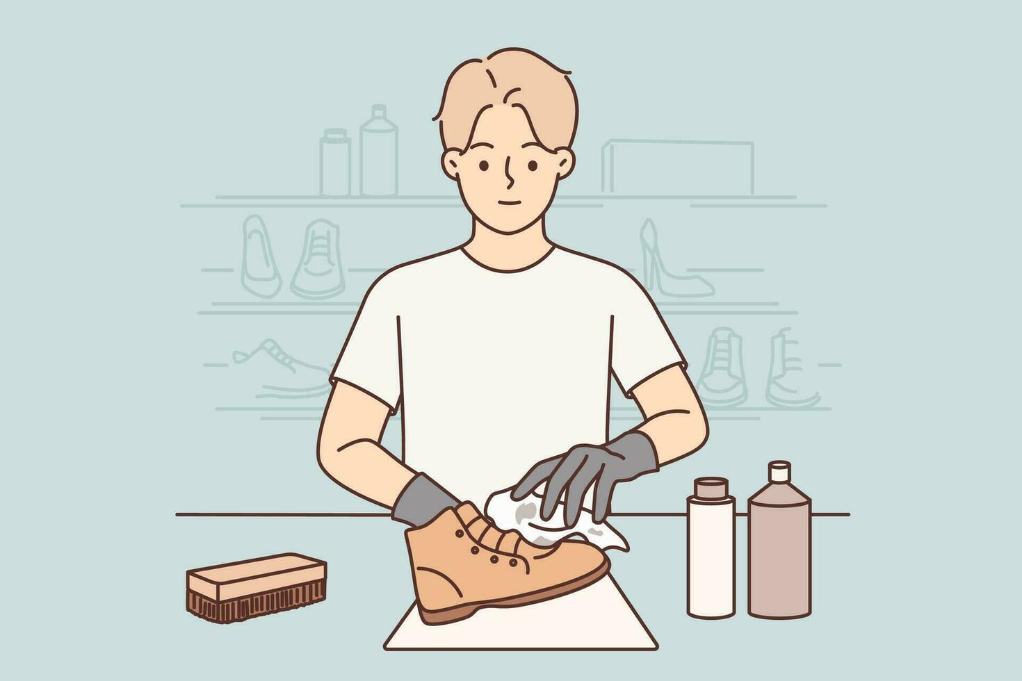 Man shoemaker cleans client leather boots after repair working in shoe shop. Young positive shoemaker guy uses professional shoe cosmetics to give boots shine and protect against leakage. vector