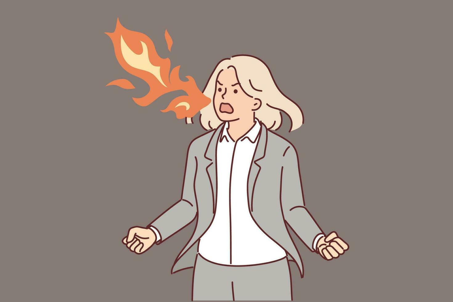 Angry business woman with fiery breath symbolizes dispathic way of managing in company. Angry girl manager screams expressing indignation at subordinates or partners who made mistake vector