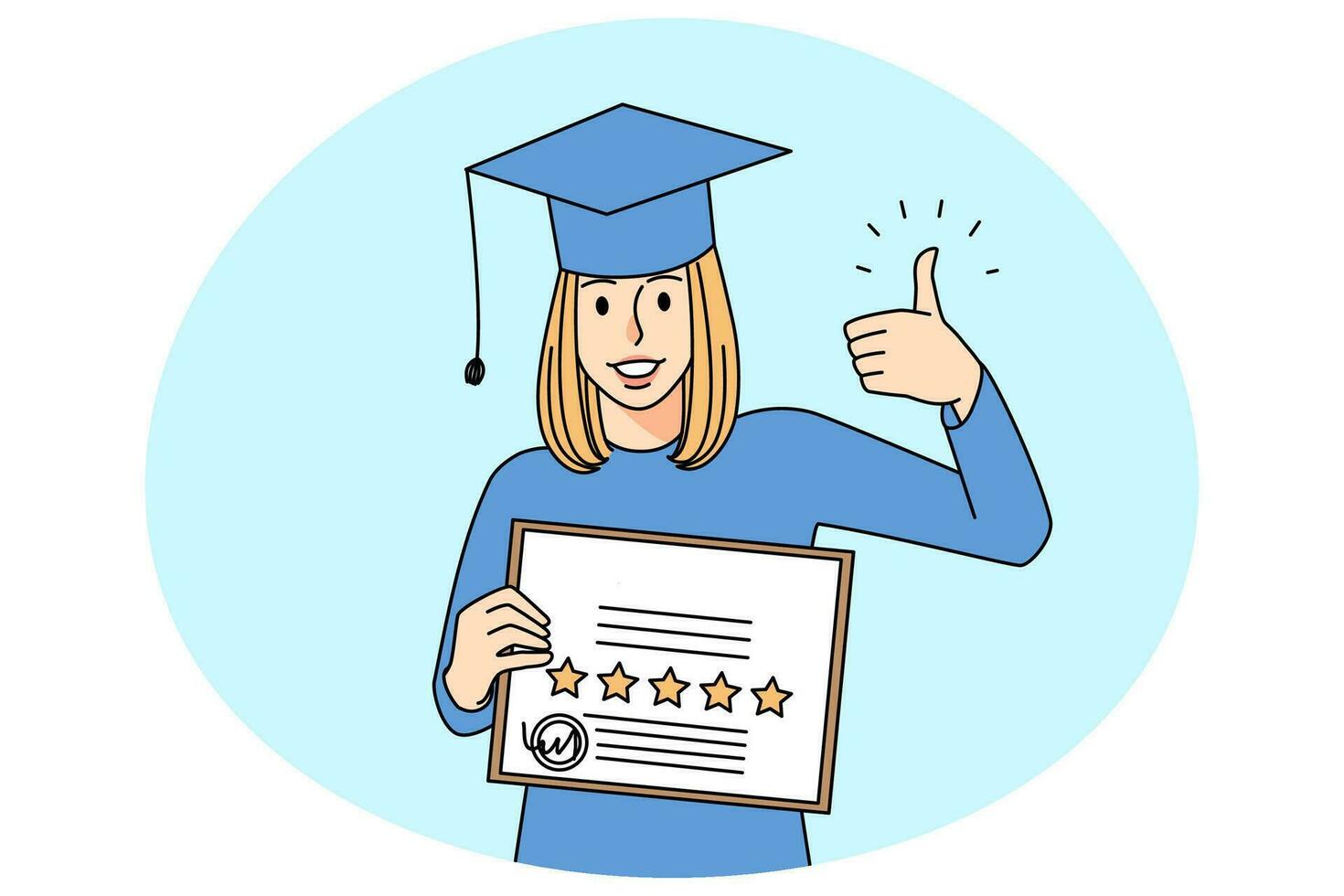 Smiling woman in mantle and hat show thumb up posing with university diploma. Happy girl in robe recommend business school or education course. Vector illustration.