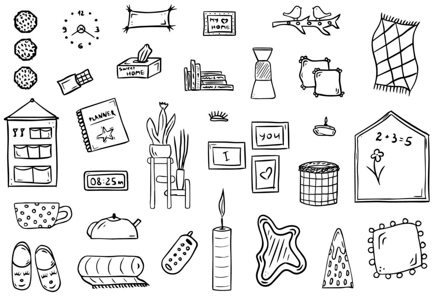 Doodle set of cozy home decor elements. Hand drawn hygge style. Clock, pillow, frames, rug, vase, mirror, candle, plants, pitcher, cups, plaid, teapot, slippers, lamp,books. Sketches for use in design vector