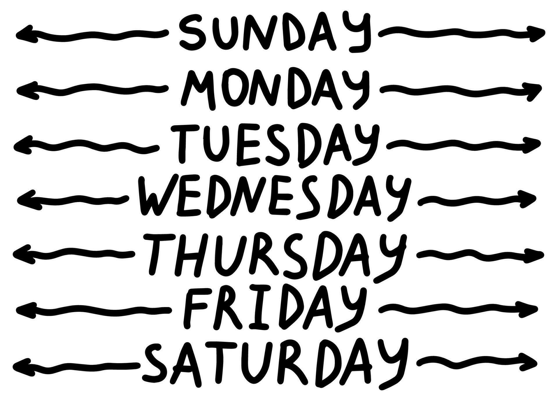 Sunday Monday Tuesday Wednesday Thursday Friday Saturday Song Handwritten Days of Week. Sunday, Monday, Tuesday, Wednesday, Thursday