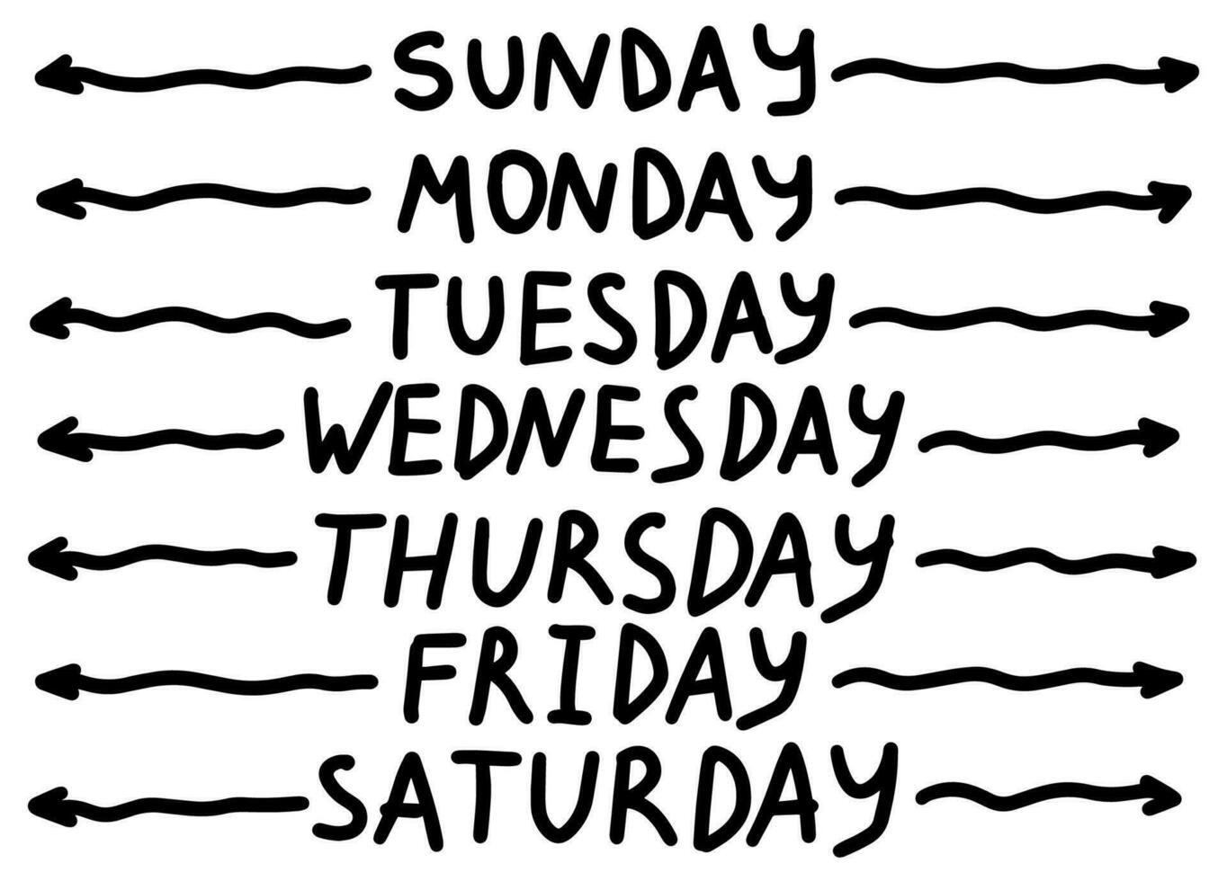 Handwritten Days of Week. Sunday, Monday, Tuesday, Wednesday, Thursday, Friday, Saturday. Doodle names of weekdays. Calligraphy lettering with arrows vector