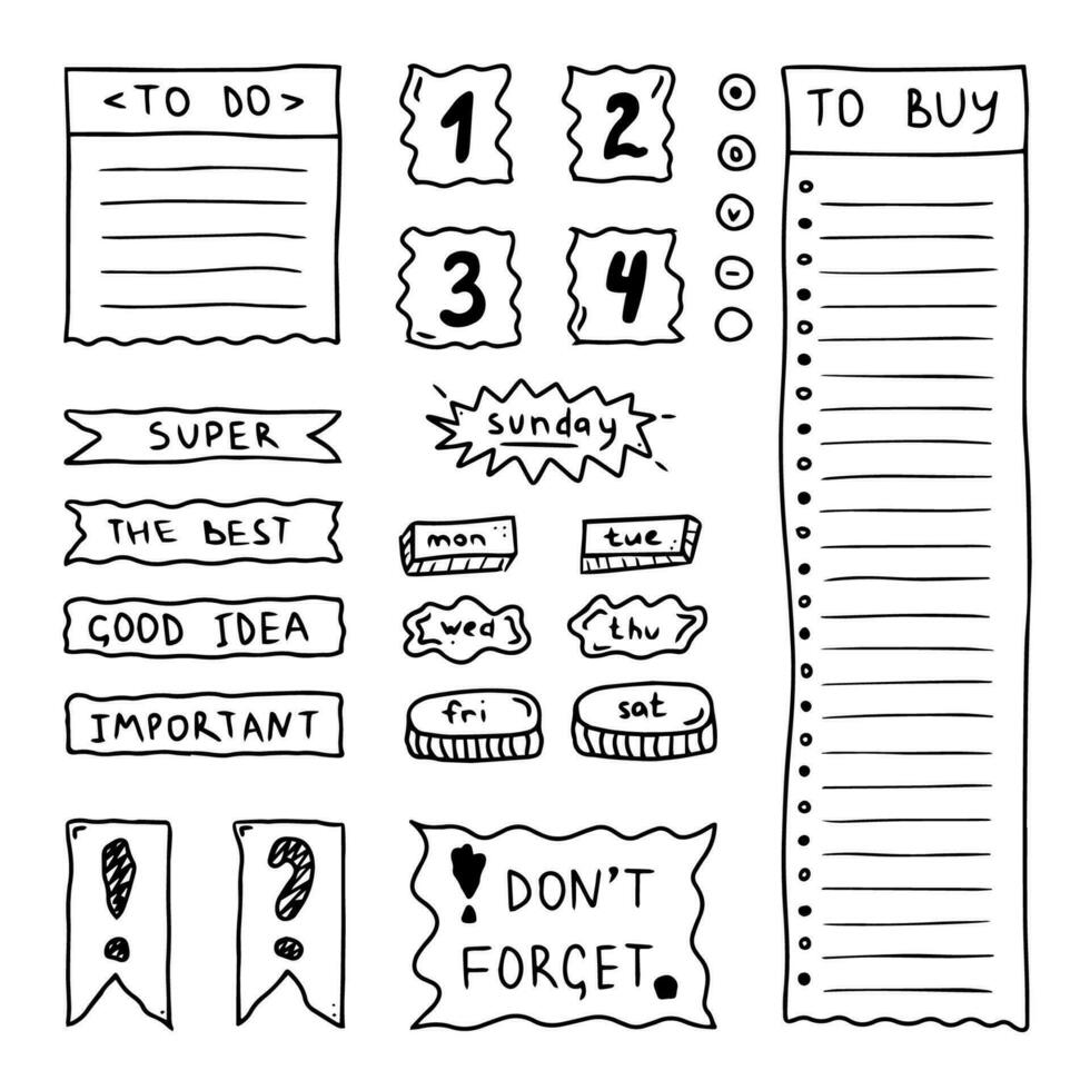 Bullet journal doodle set. Hand drawn elements, stickers, planner labels. Sketch scribble style. Vector illustration for diary, planner, notebook