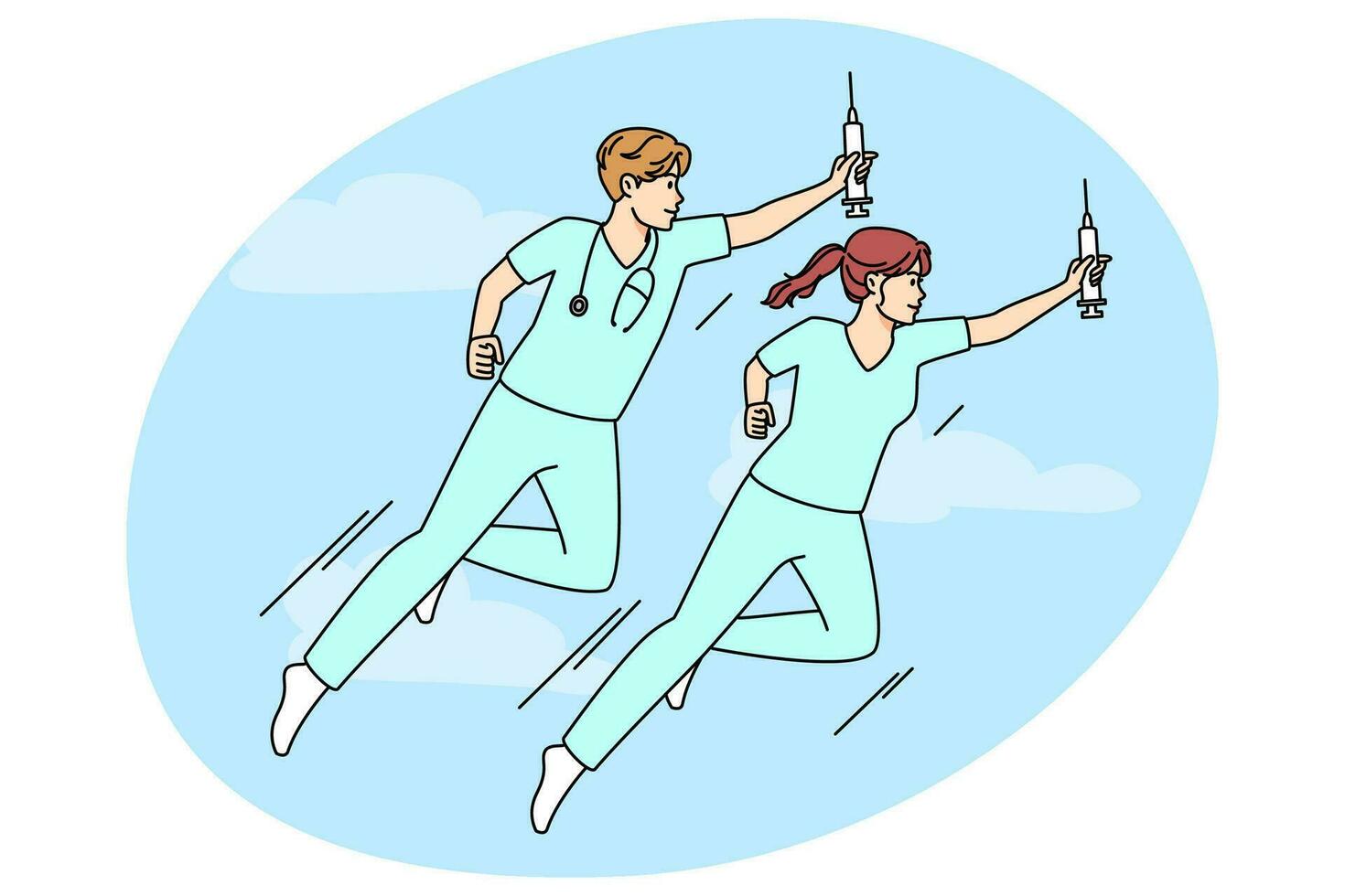 doctores en uniformes como superhéroes volador con jeringas a ayuda paciente. médico profesionales evitar enfermedades y pandemia. cuidado de la salud y medicamento. vector ilustración.