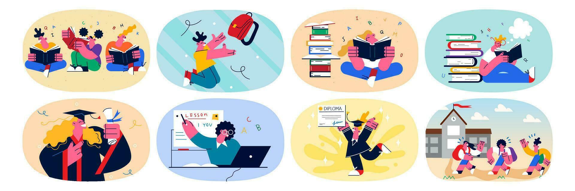 Set of happy small children pupils study with books in offline school. Collection of excited little kids schoolchildren enjoy learning with textbooks. Education concept. Flat vector illustration.