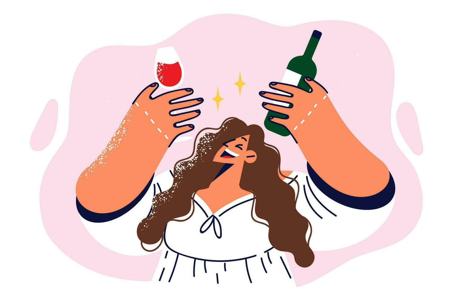 Drunk girl holding bottle of red wine and glass offering to drink during birthday party. Cheerful woman is resting and drinking wine, inviting to celebrate festive event and enjoy taste of bordeaux vector