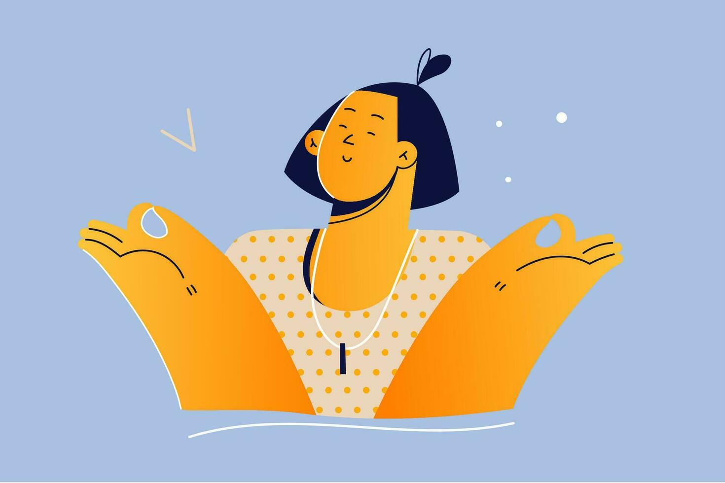 Emotion, face, expression, meditation, calmness concept. Carefree calm relaxed happy young woman character smiling delighted meditating in nirvana lotus pose breathing or practicing yoga illustration. vector