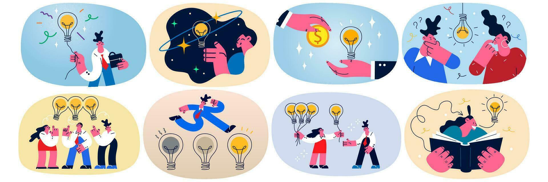 Set of businesspeople think brainstorm over creative innovative project or strategy. Collection of employees near lightbulb generate business idea. Teamwork, innovation. Vector illustration.
