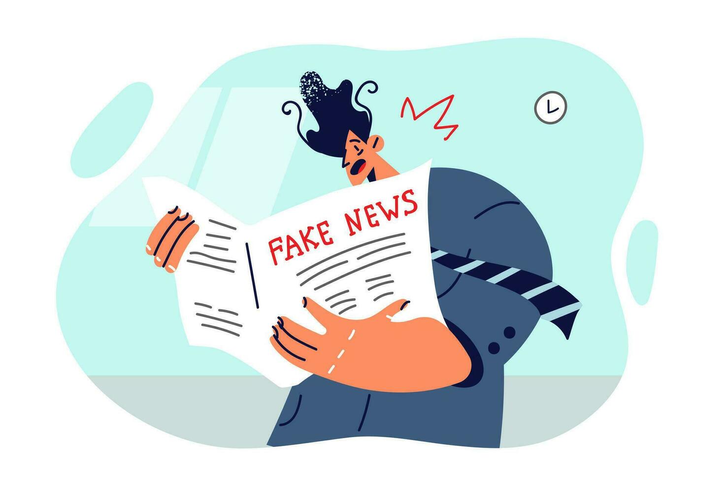 Man reads fake news newspaper written to spread propaganda and misinformation during presidential campaign. Concept of problem of fake news negatively affecting psychological state of society vector