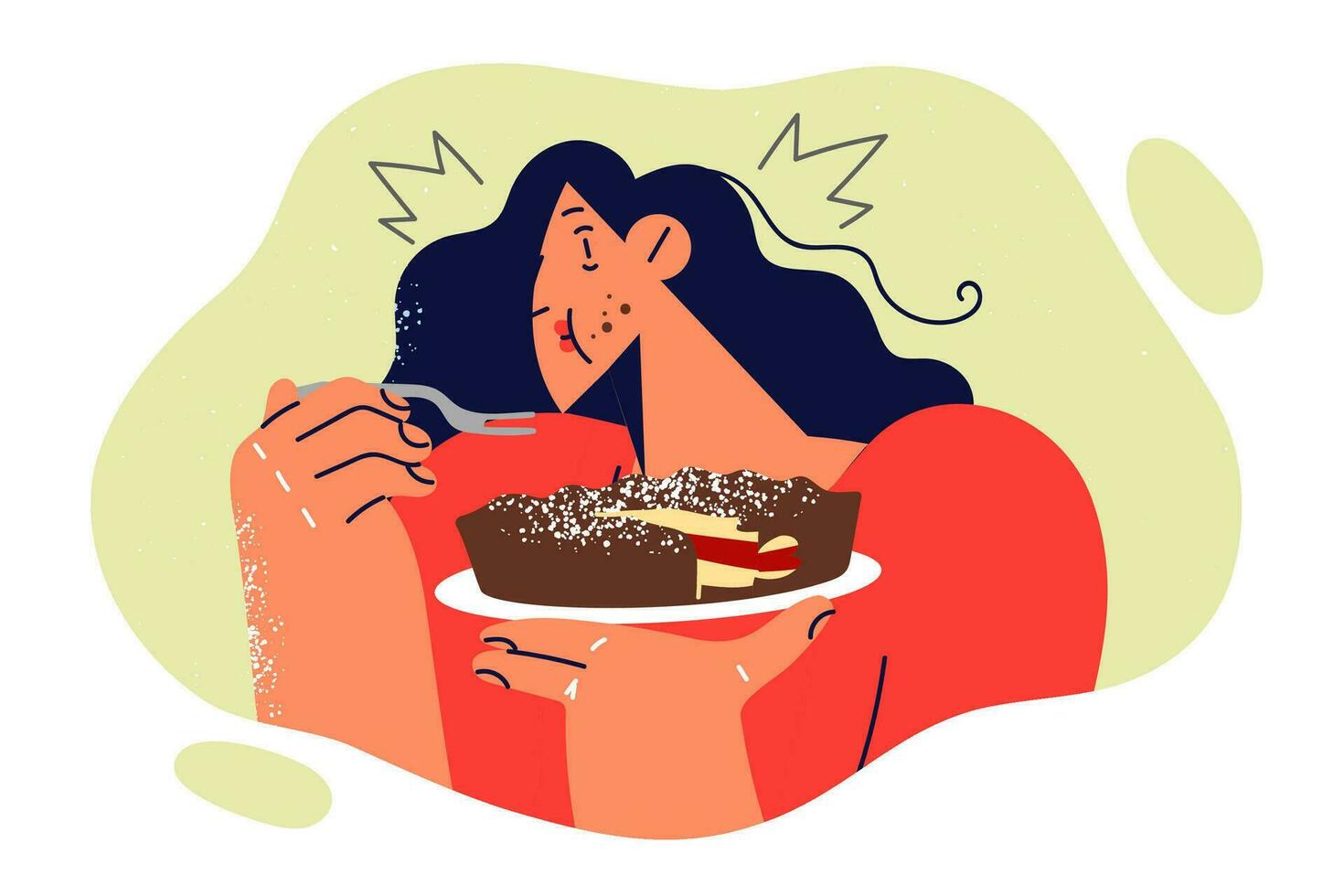 Woman eats large cake and stands with mouth full, greedily eating high-calorie dessert from pastry shop. Girl eats unhealthy sweet food in big quantities to get rid of psychological stress vector