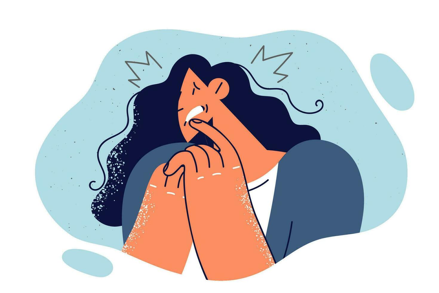 Frightened woman biting nails experiencing panic attack due to threats from criminal or blackmail. Frightened girl who found out about approach financial crisis is afraid of dismissal and bankruptcy vector