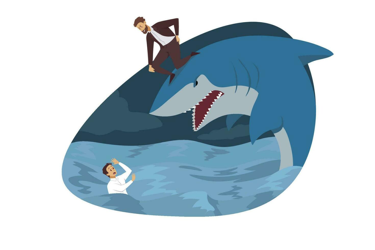Competition, monopoly, globalization, dumping concept. Mergers and aquisition and global business rivalry illustration. businessman competitor on shark attack sinking male entrepreneur enemy manager. vector