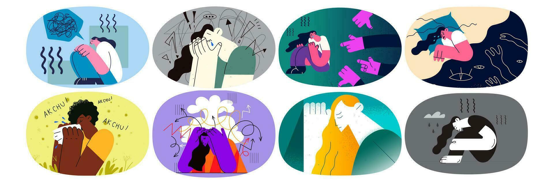 Set of unhappy girl struggle with bullying or discrimination, feel distressed crying. Collection of stressed upset woman suffer from mental disorder or depression. Psychology. Vector illustration.