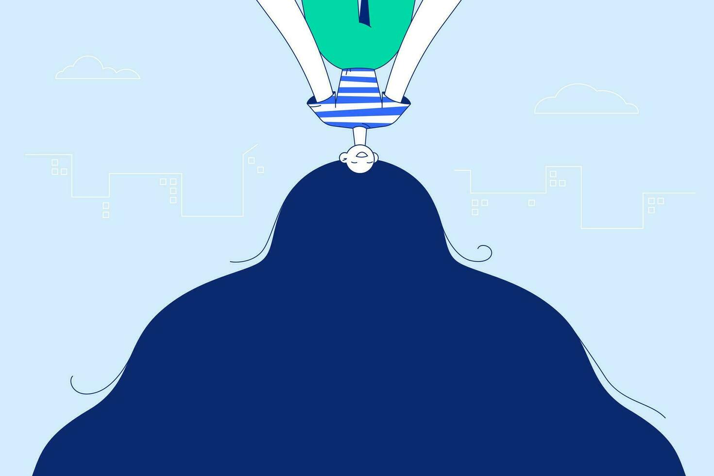 Excitement, cheerful and positive emotions concept. Beautiful girl with long blue hair cartoon character hanging upside down and feeling positive over blue background vector illustration