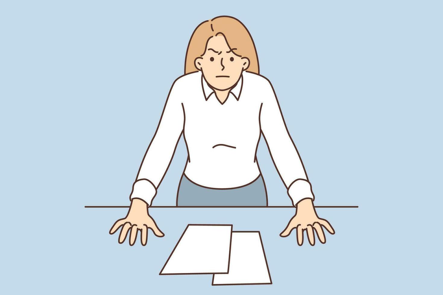 Bossy woman with displeased look stands near office desk, wanting to chastise employees or colleagues. Bossy businesswoman is frustrated with reporting errors or poor business performance vector