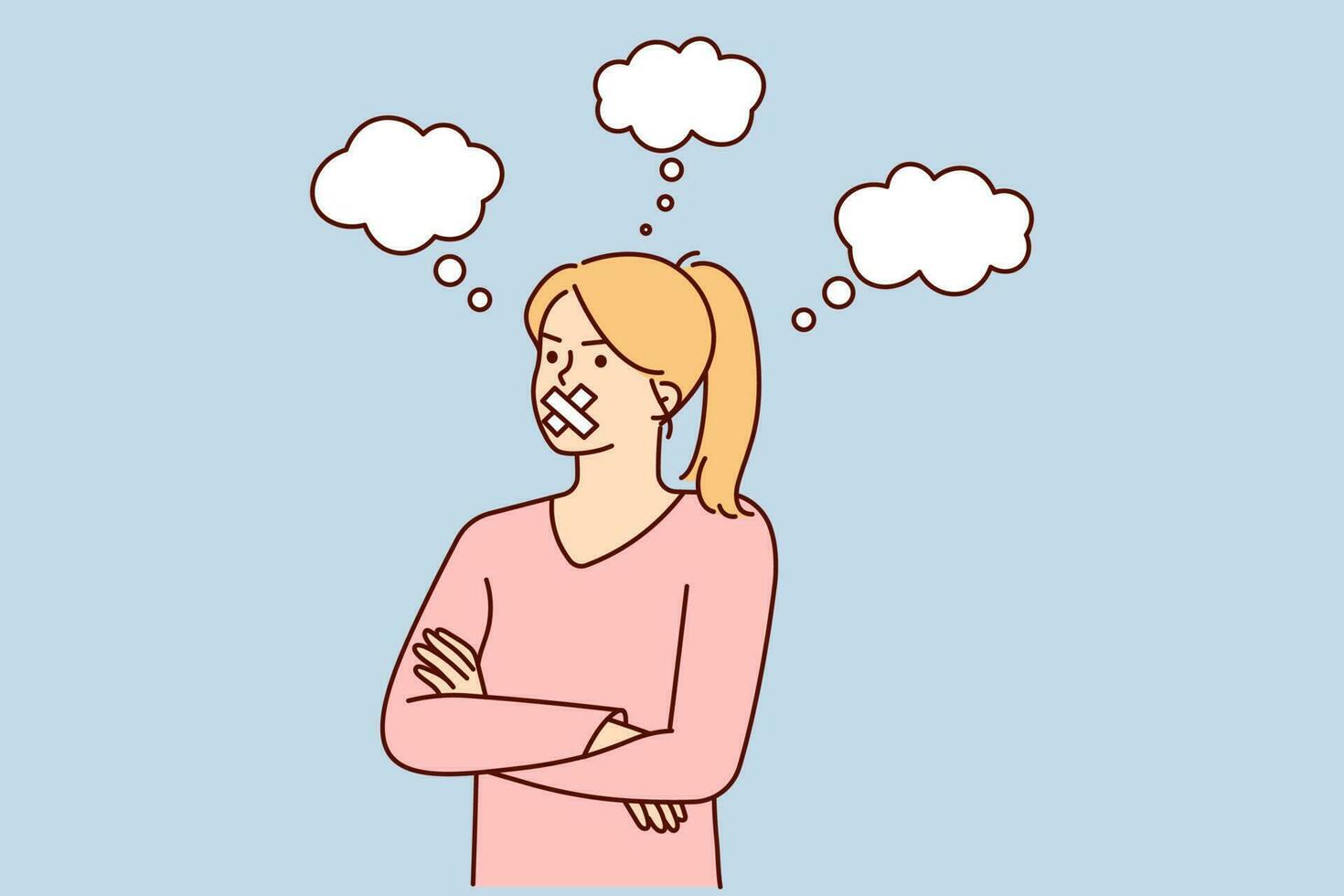 Woman with mouth sealed stands with arms crossed arranging boycott due to resentment or censorship. Disgruntled girl feels influence of censorship and lack of freedom of speech or discrimination vector