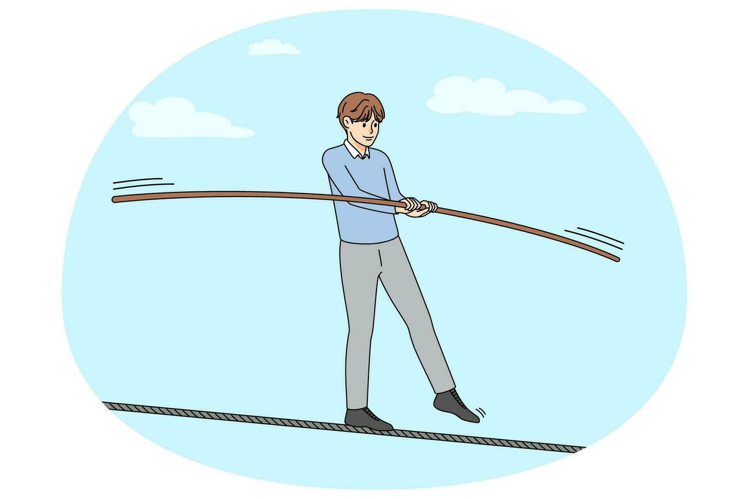 Man walk on thin rope balancing. Risky businessman engaged in business deal or offer. Job challenge and risk concept. Vector illustration.