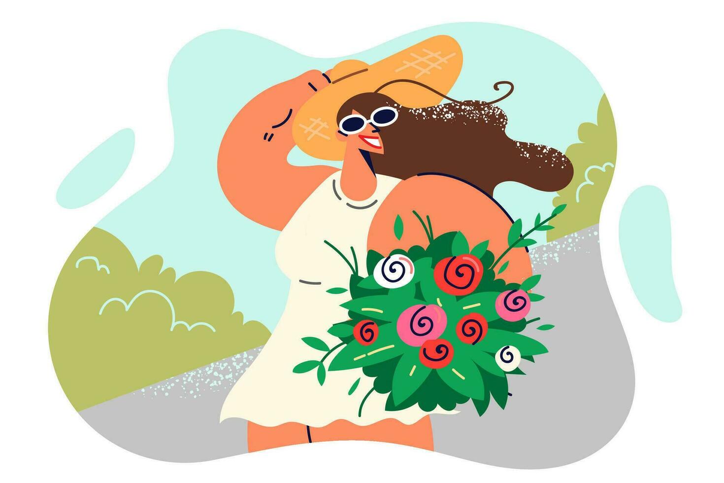 Happy woman with bouquet of wild flowers walks along sidewalk in summer park and holds straw hat with hand. Positive girl with flowers given by boyfriend on date, enjoying sunny weather vector