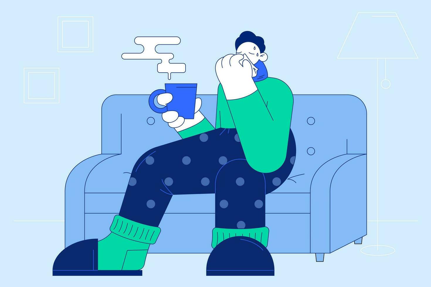 Flu, infection, getting cold concept. Sad ill man cartoon character in warm socks sweater and scarf sitting on sofa with hot drink, sneezing and feeling sick having fever vector illustration