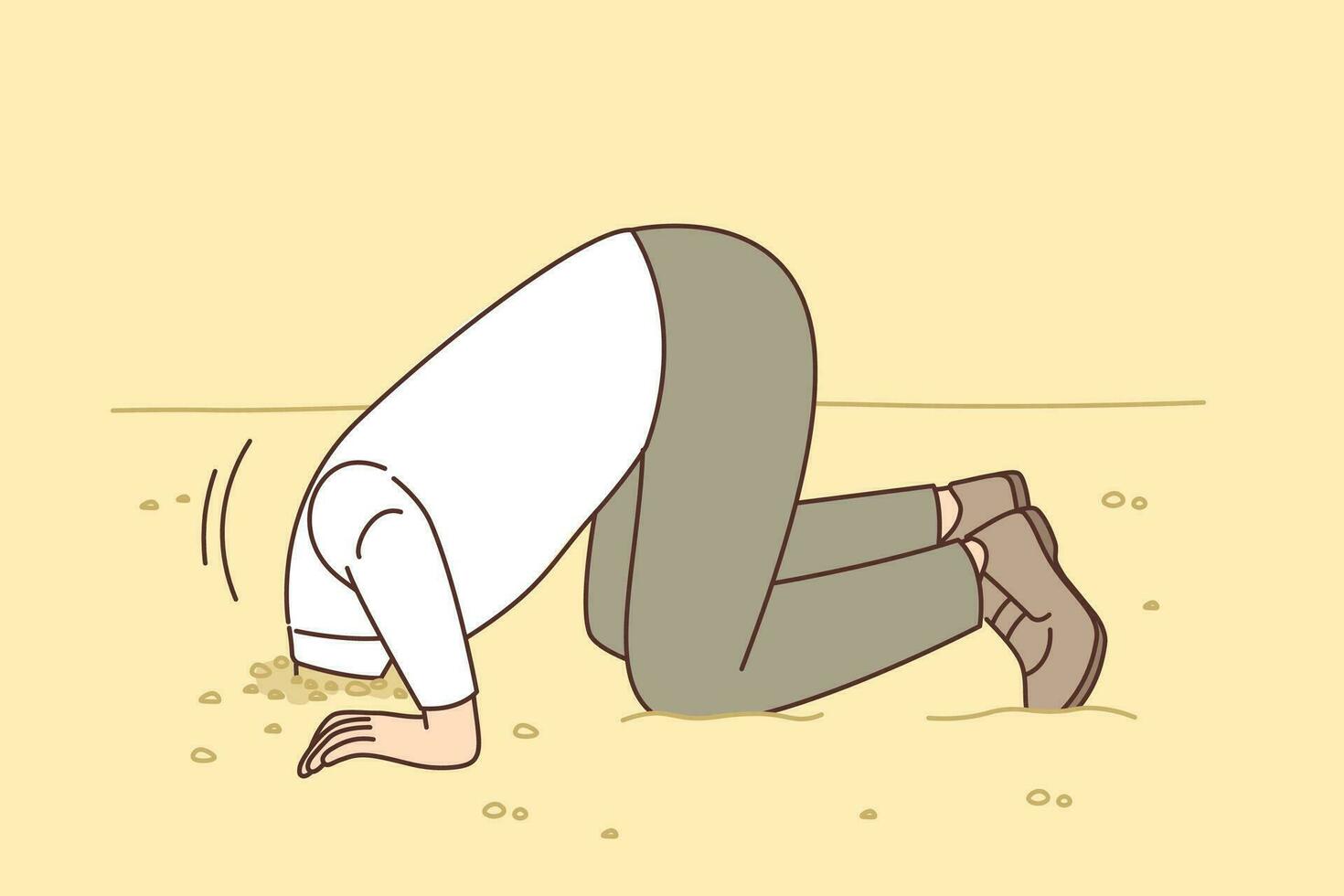 Man hides head in sand like ostrich from proverb, for concept of denial of problems and cowardice. Cowardly guy hides head, not sparing to deal with troubles and ignoring important issues. vector