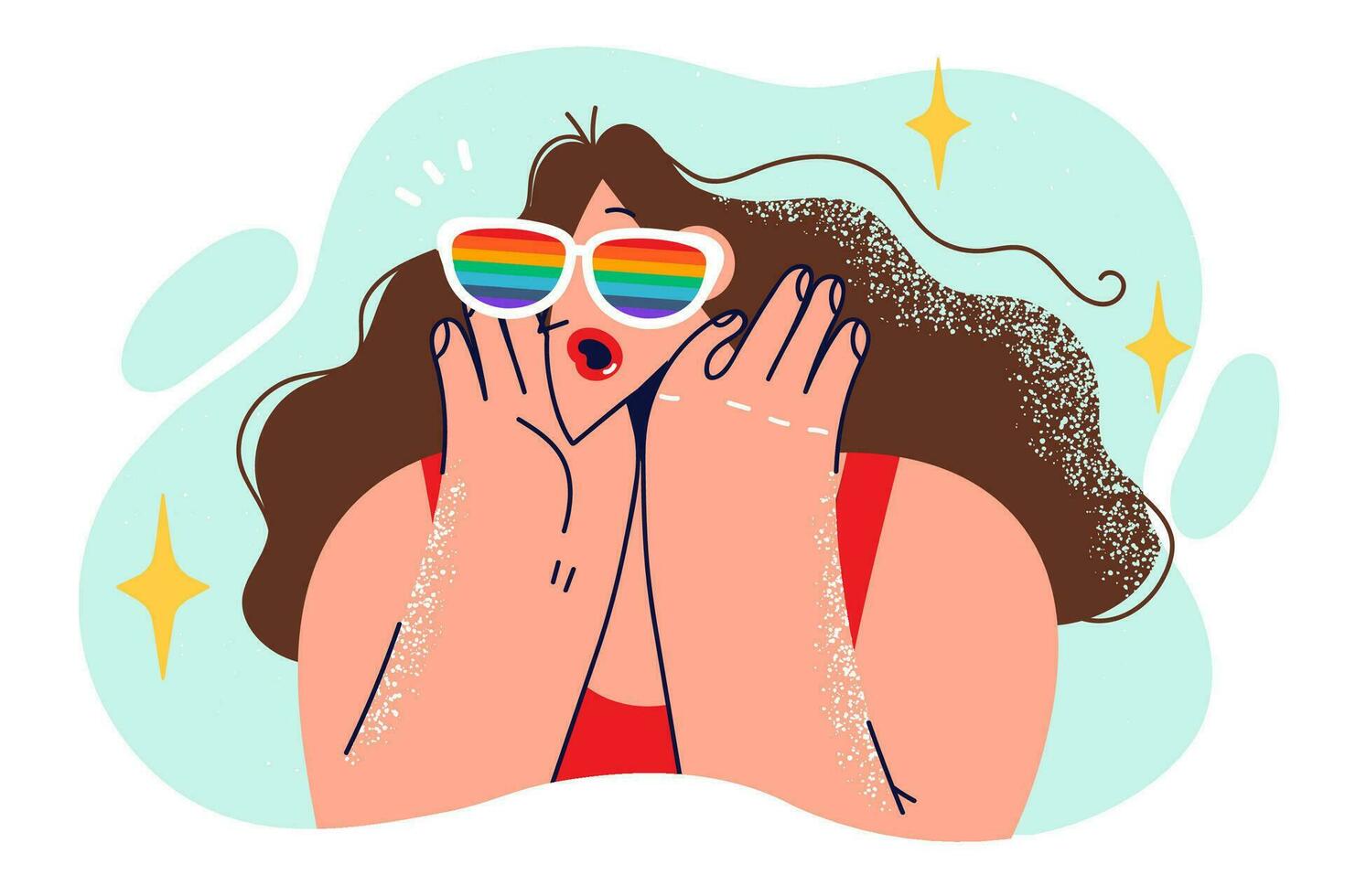 Amazing woman in glasses with rainbow stripes opens mouth and looks forward experiencing enthusiastic emotions. Concept rainbow glasses and desire to see only good in world around. vector