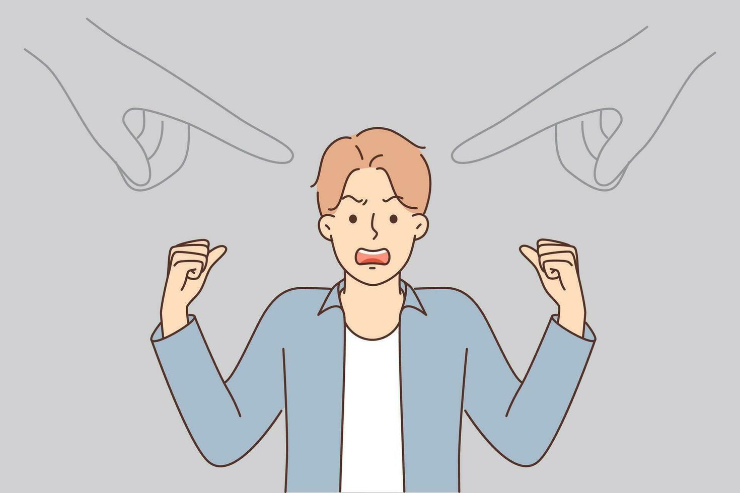 Nervous man waving arms and getting angry standing near pointing fingers symbolizing public opinion. Outraged guy is stressed after learning about public opinion and censure of others vector