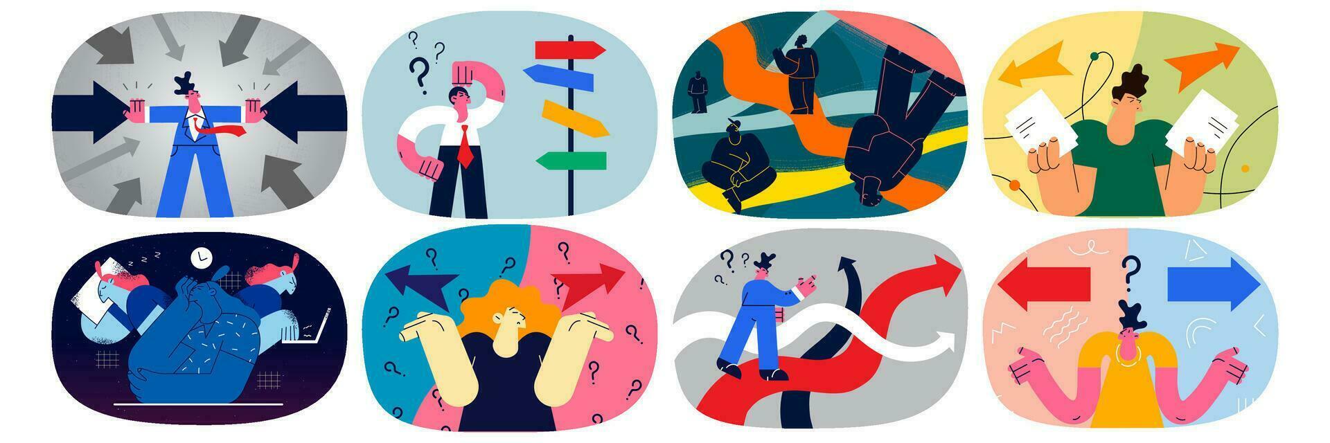 Set of diverse people feel confused making choice or life option. Collection of men or women and arrows facing different directions, businesspeople frustrated with dilemma. Vector illustration.