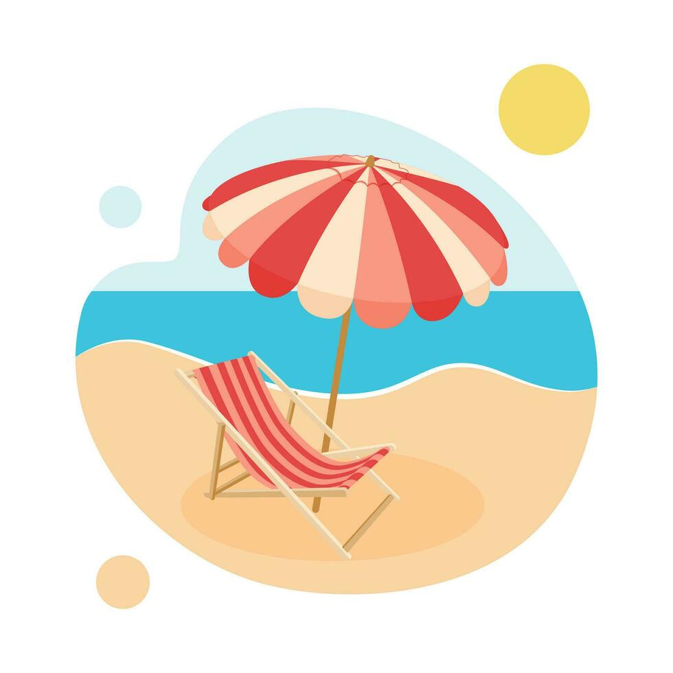 Beach umbrella and deck chair. Items for a beach holiday. Vector illustration isolated on white background.