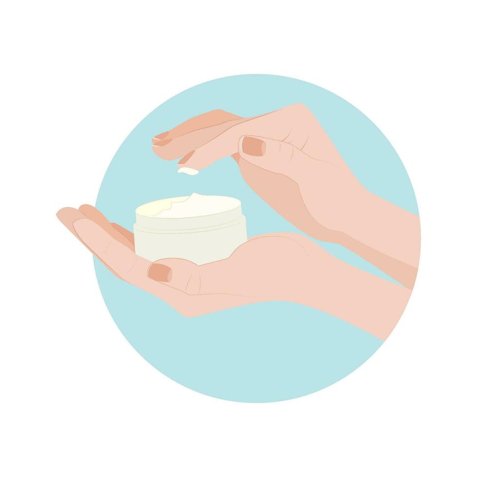 Two hands of a woman hold a jar of cosmetic cream. Vector illustration.
