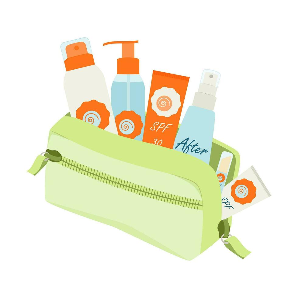 Cosmetic bag with a set of cosmetic products for tanning. Vector illustration isolated on white background
