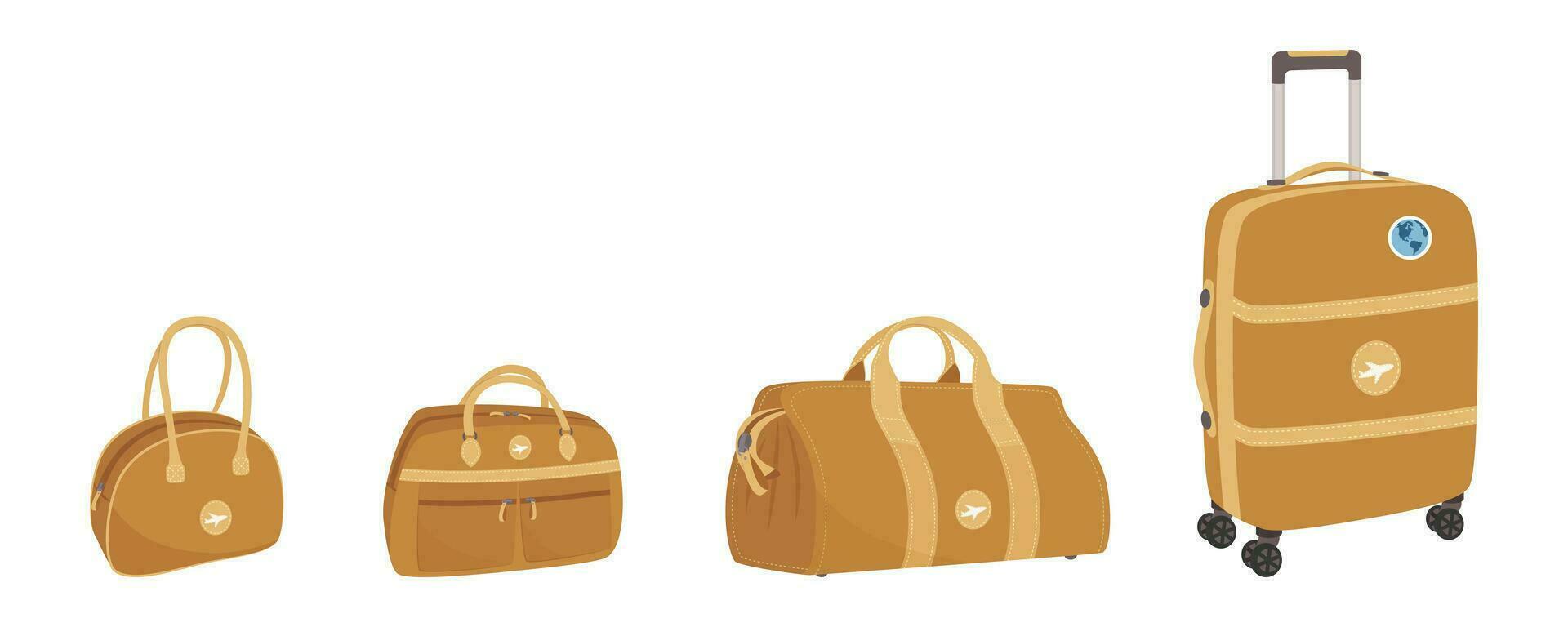 Suitcase and bags for tourism, trips, vacations. Leather accessories. Vector set of luggage bags. Hand luggage.
