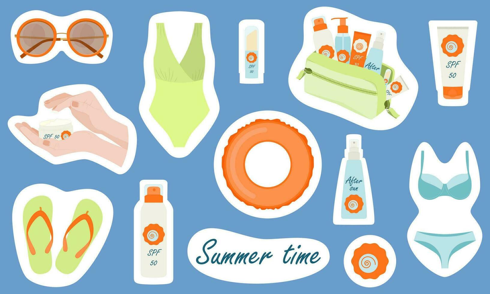 Set of summer stickers. Vector illustration on a beach theme.