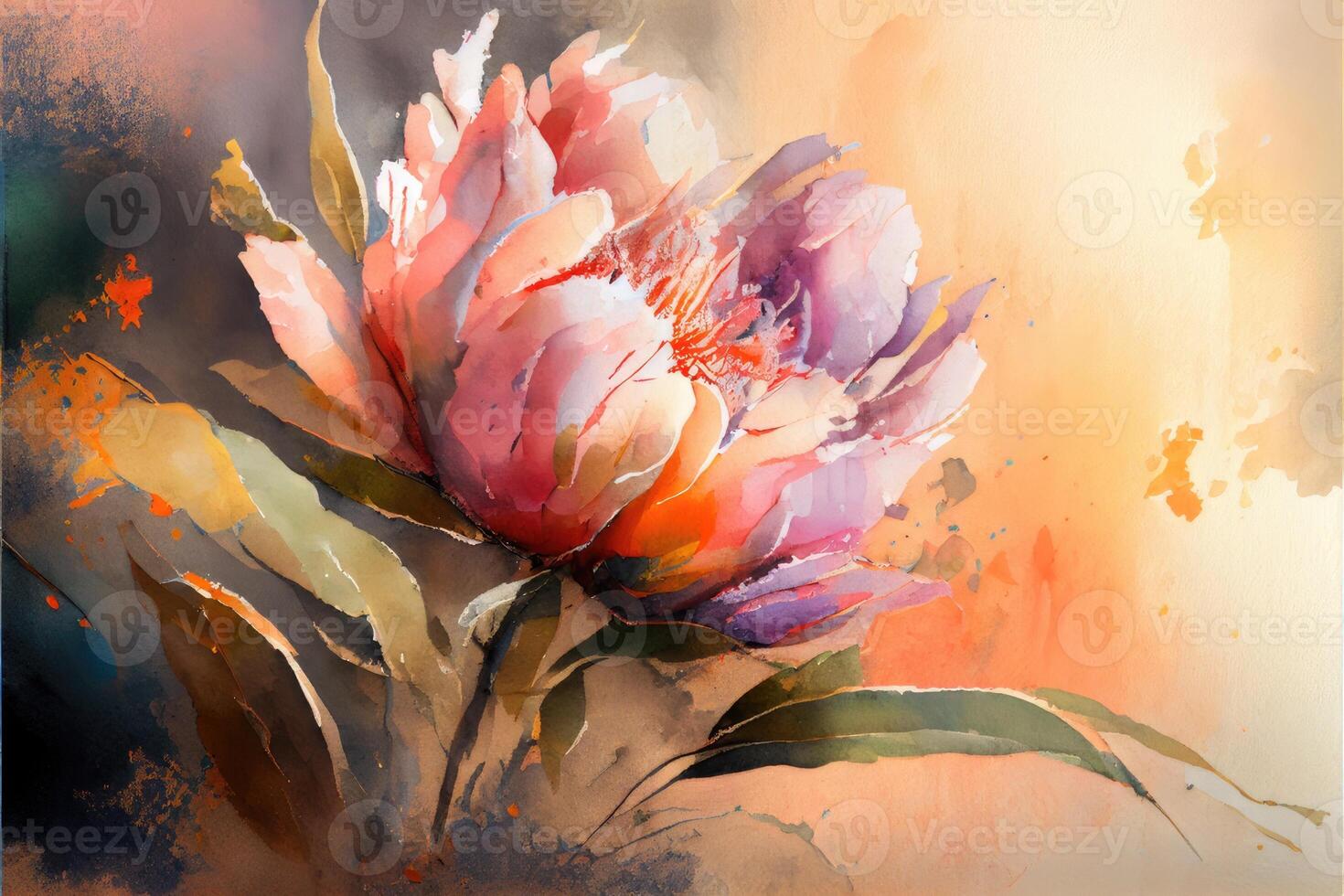 watercolor painting of peonies flowers. photo