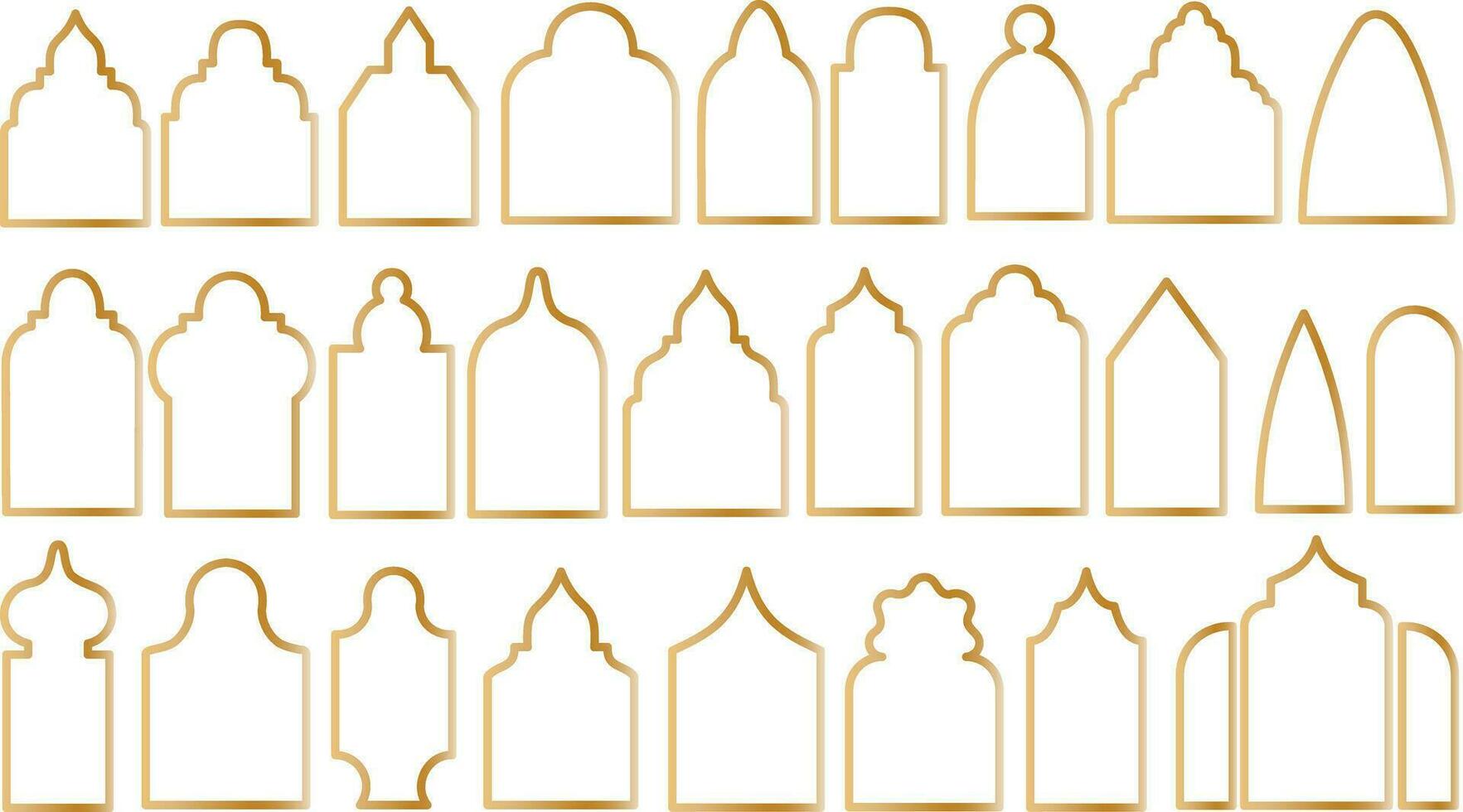 gold Islamic turkish door and window silhouette, Arabic arch and frames vector set