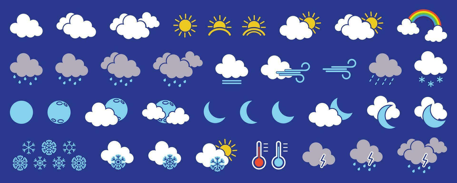 Weather forecast icon set, Weather flat icons collection. Meteorology symbols vector illustration.