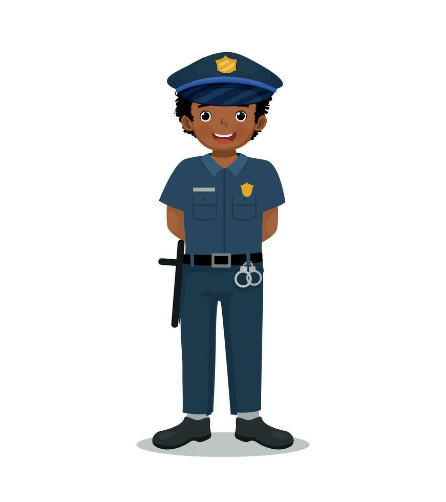 linda pequeño chico vistiendo policía uniforme fingiendo a ser policía oficial vector