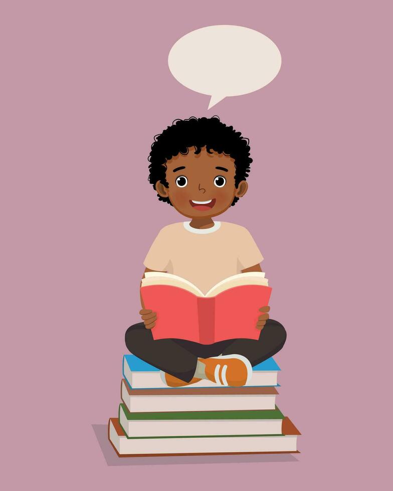 Cute little African boy reading a book sitting on the stack of books vector