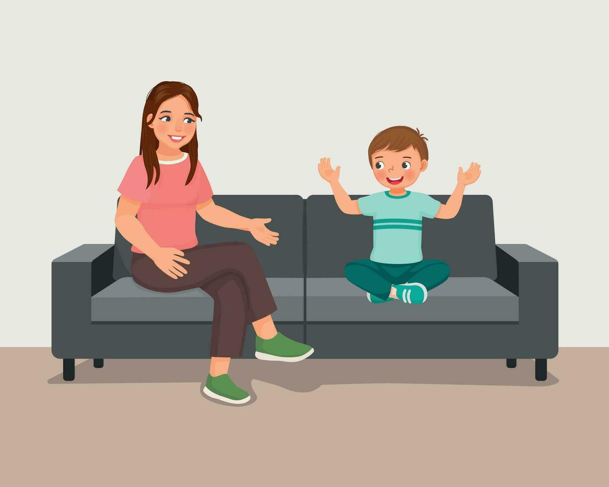 Young mother talking to her son sitting on sofa giving advises encouragement and support vector