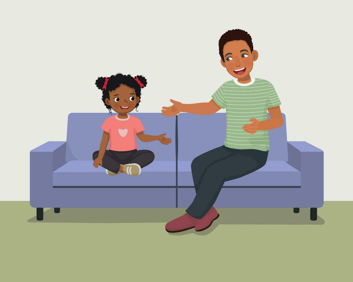Young African father talking to his daughter sitting on sofa giving advises encouragement and support vector