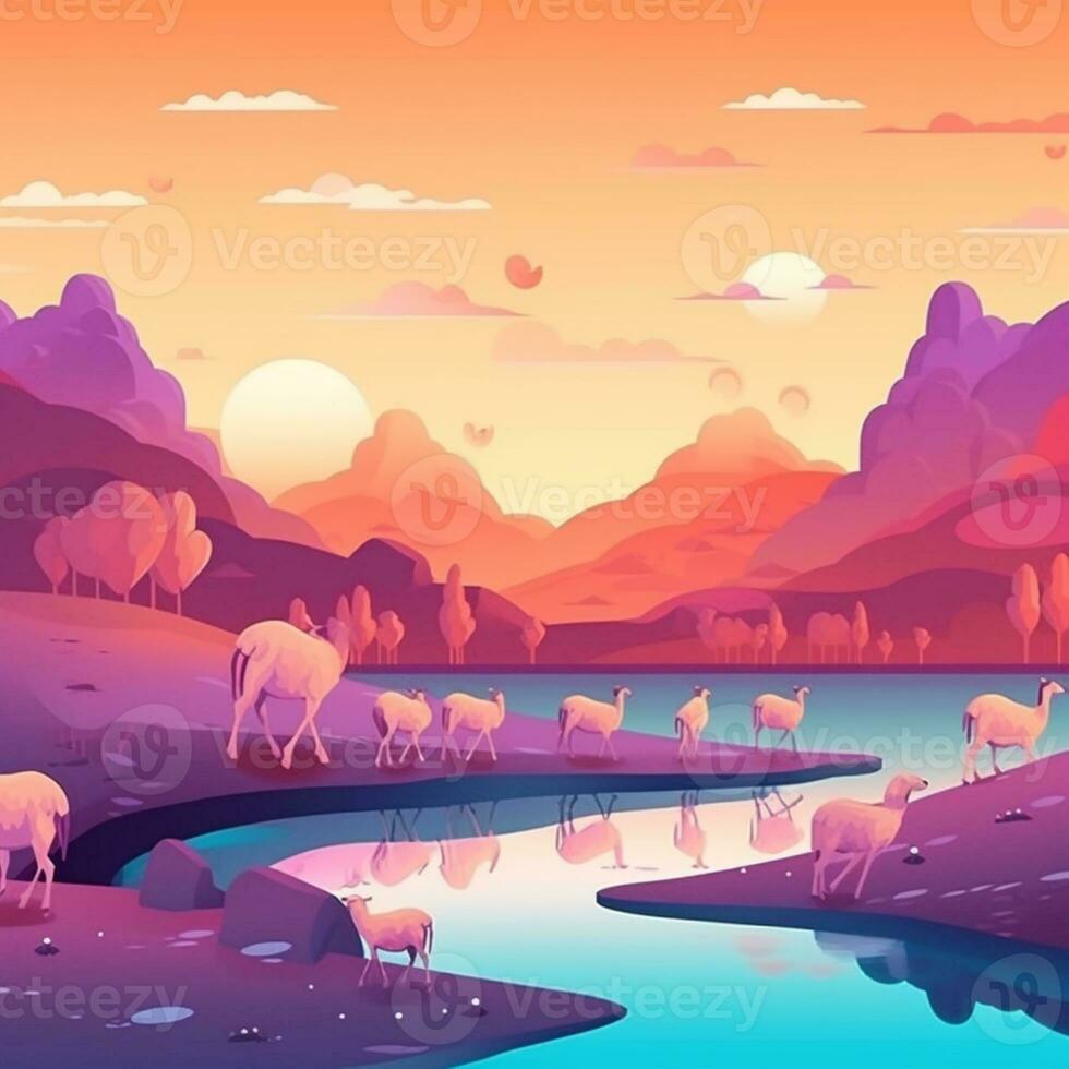 sheep in the river design colorful background photo