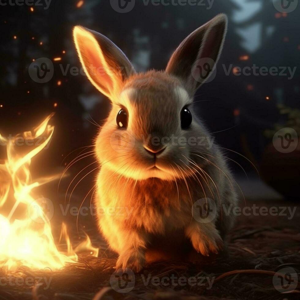 rabbit with fire realistic illustration photo