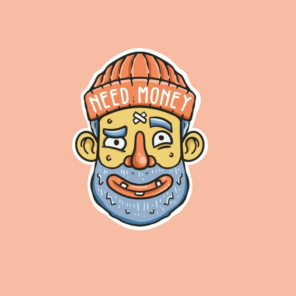 illustration of a cheerful bearded homeless wearing a hat vector