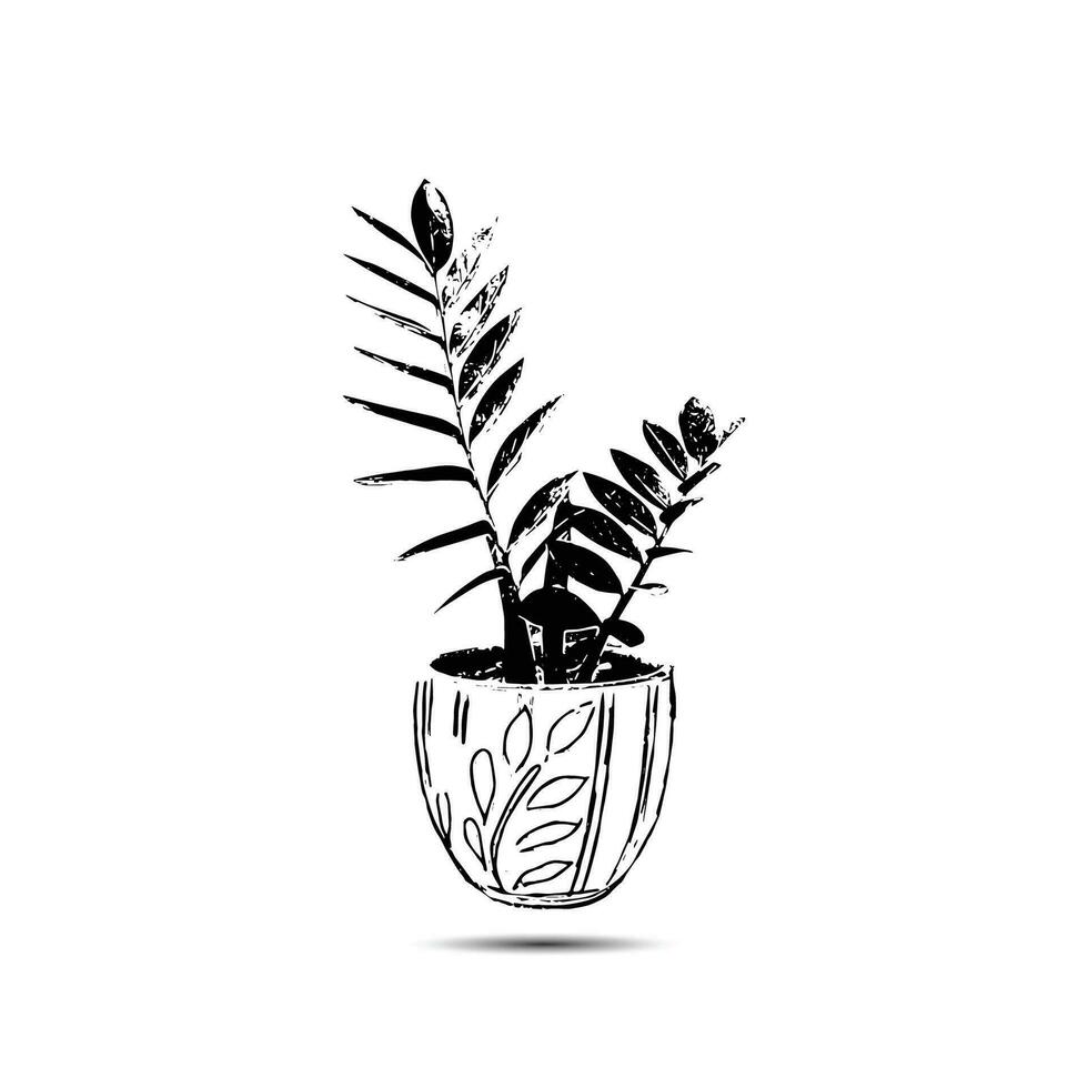 Ornamental plant drawing in pot,  isolated on white background. Hand Drawn Painting Illustration. vector