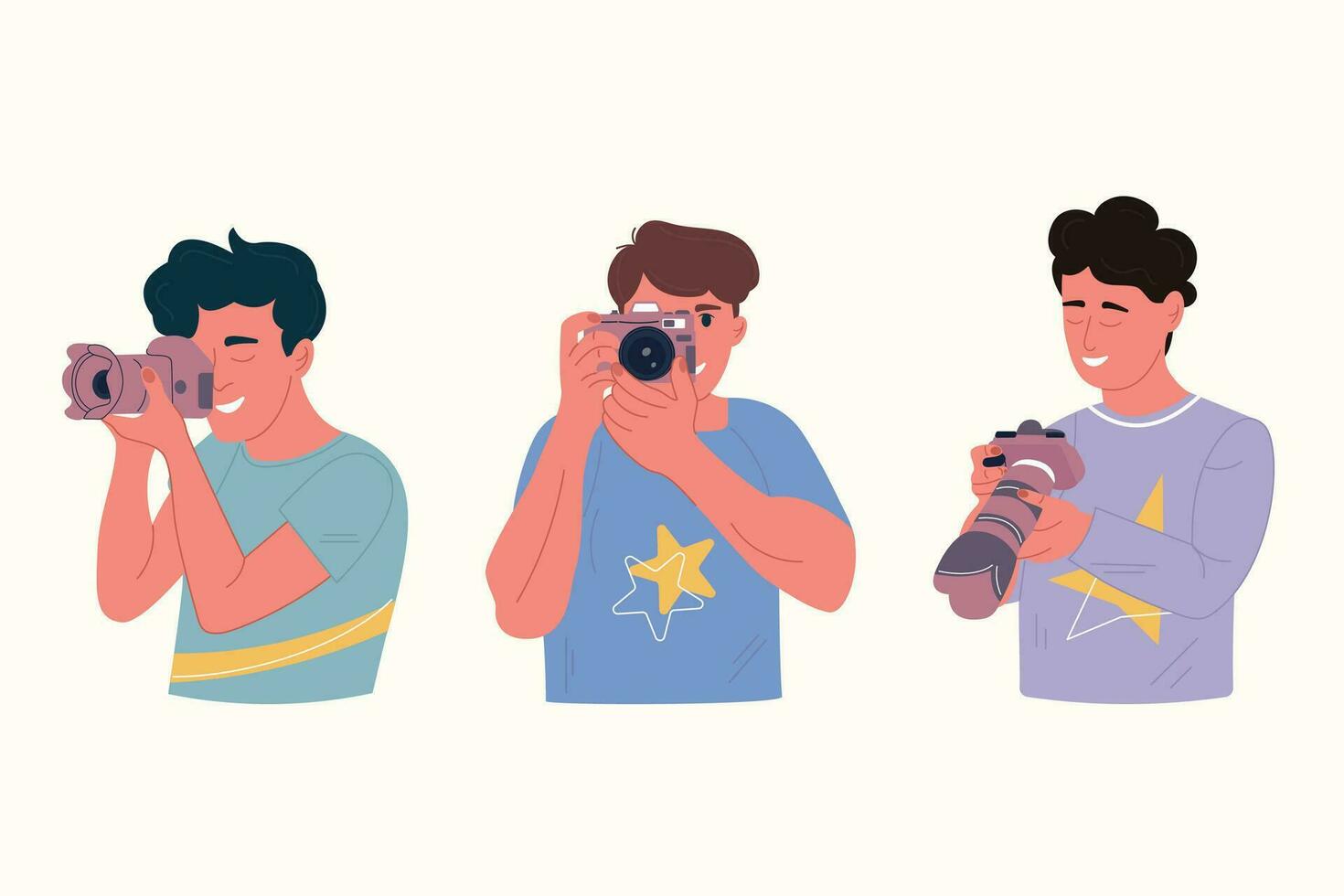 un conjunto de hombres con un foto cámara. un hombre es haciendo un foto. mundo fotografía día vector