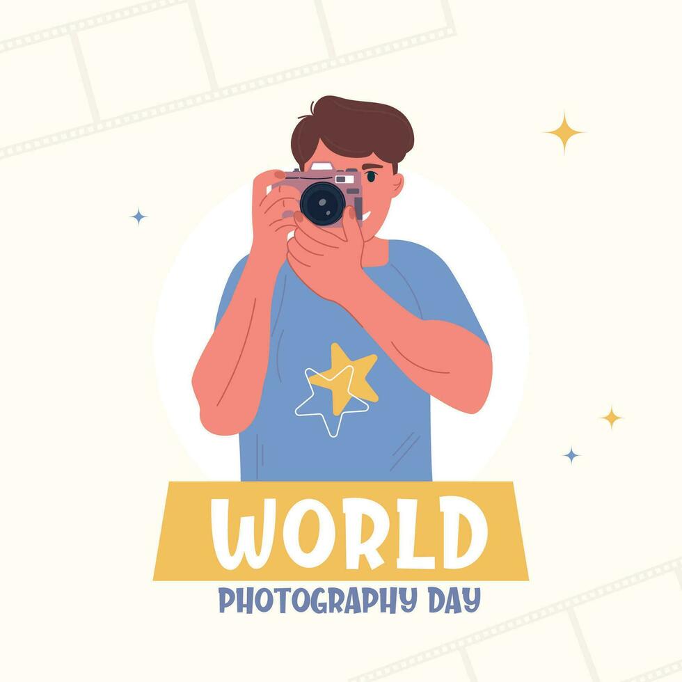 Flat world photography day background. A man takes a photo vector