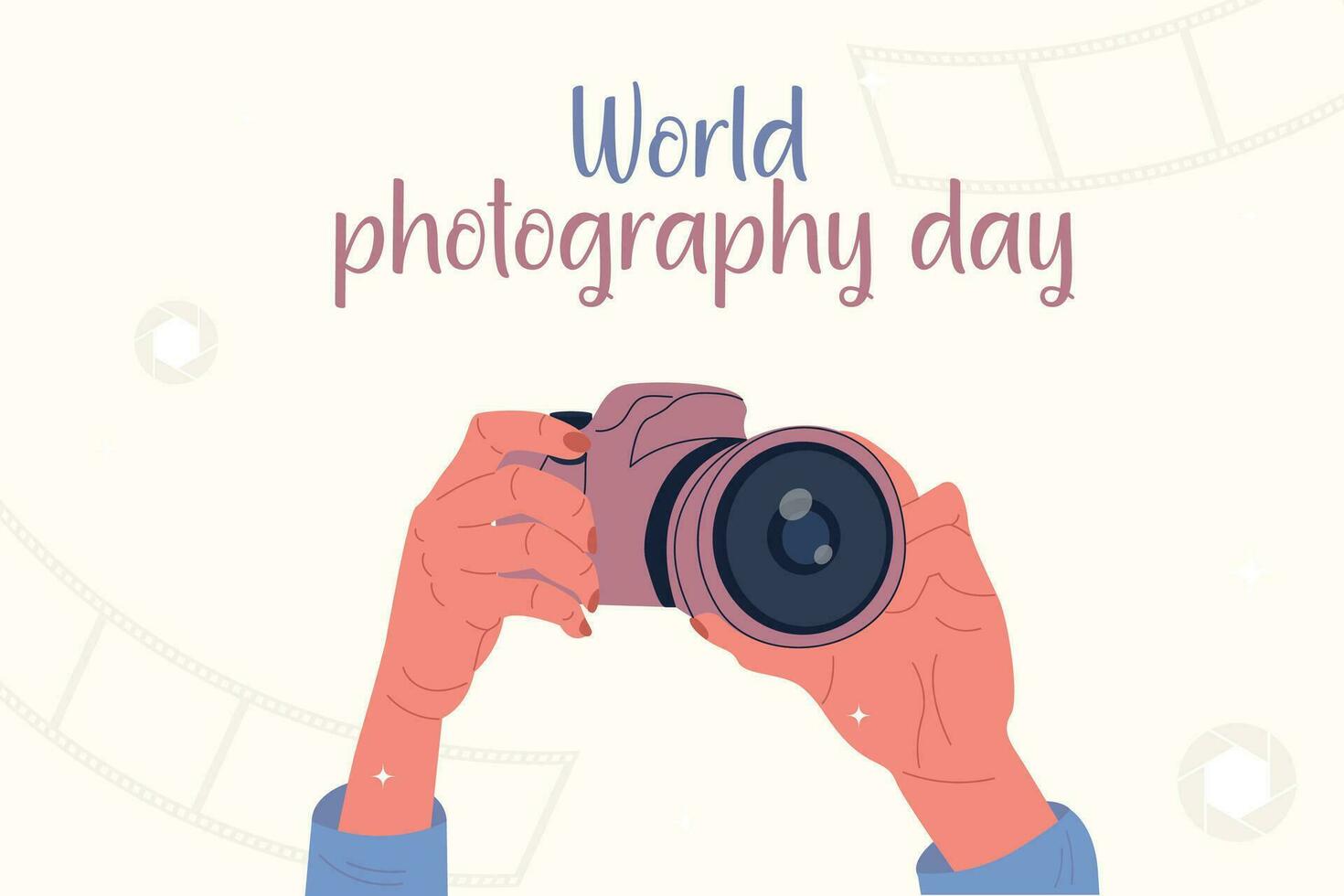 Flat world photography day background. Hands holding the camera vector