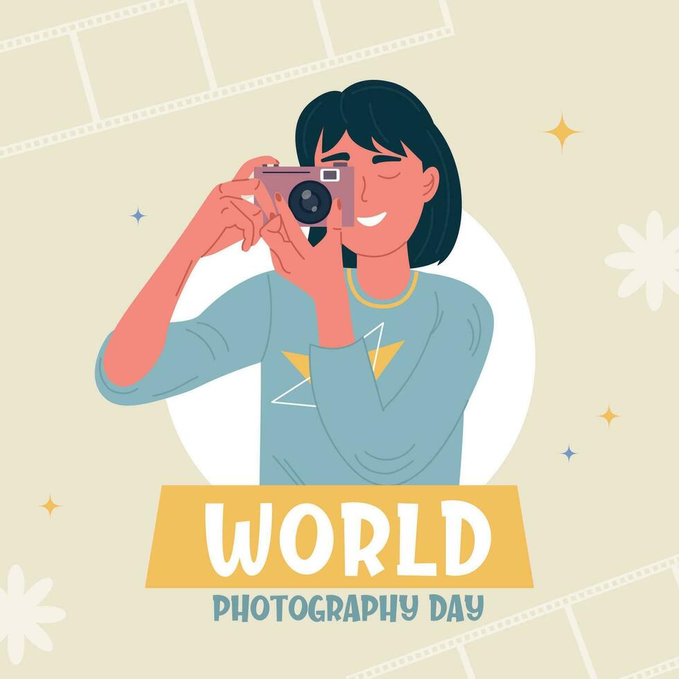 Flat world photography day background. Woman takes a photo vector