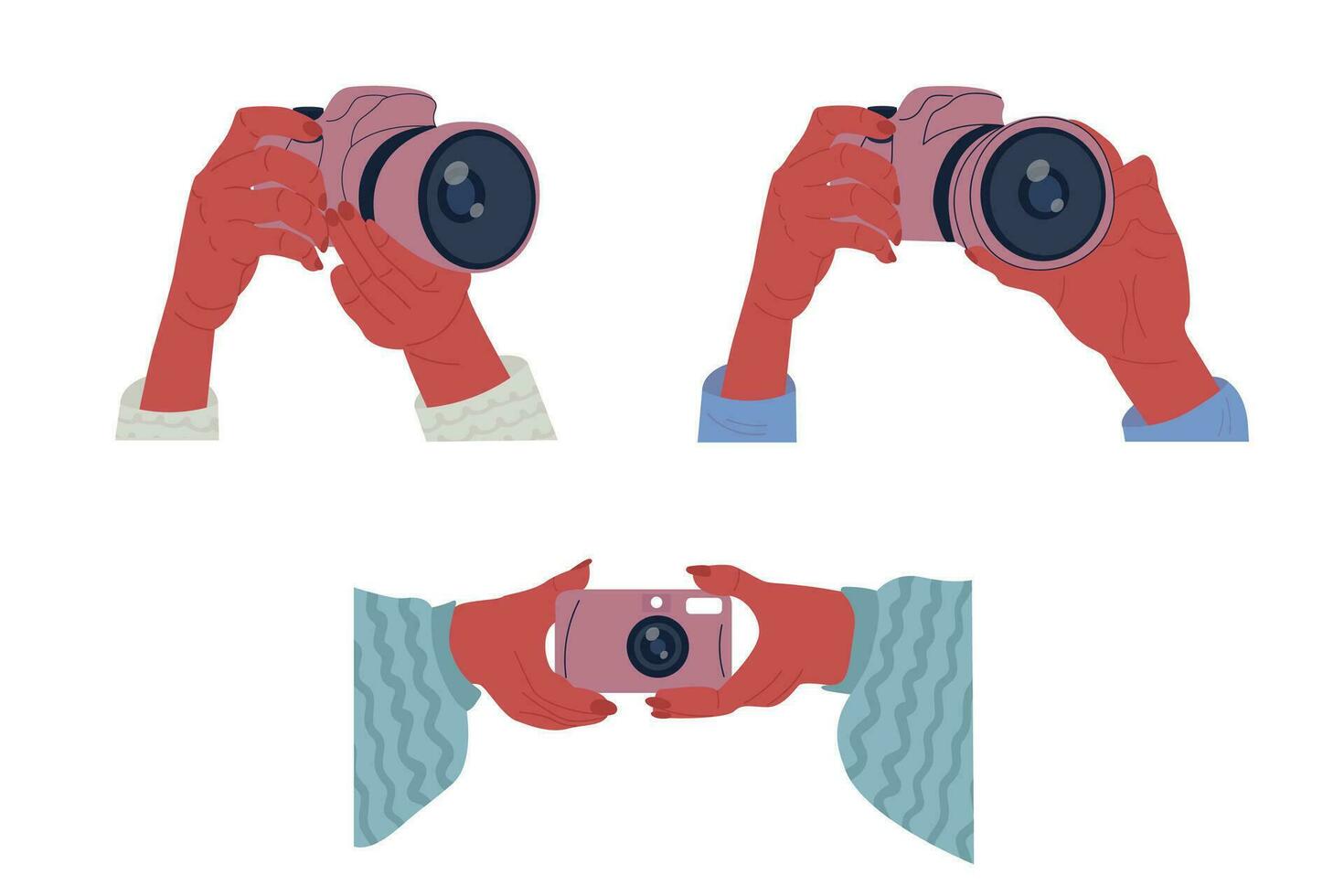 Illustration of  African American hands holding a photo camera. Hands are taking a photo. vector