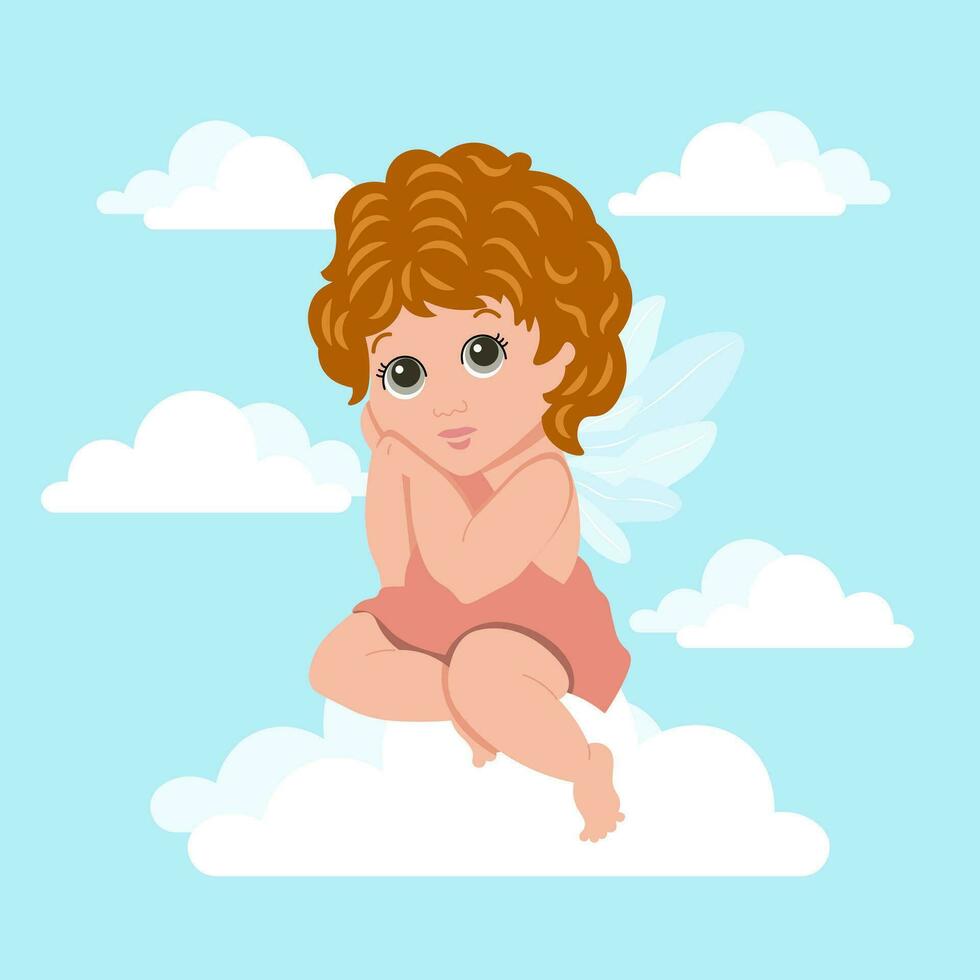 Cute cupid, baby angel with a halo in the sky with clouds. Illustration, vector